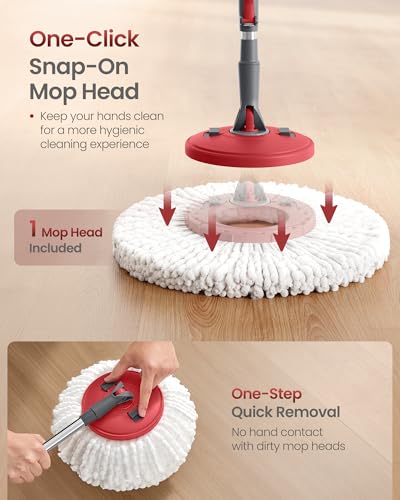 SONGMICS Spin Mop and Bucket Set with Pedal Wringer, 4 Microfiber Pads - color: Gray + Red, size: 4 Pads