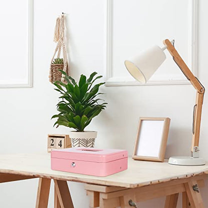 Cash Box with Money Tray and Lock, Metal Money Box for Cash Register 4 Keys - color: Pink