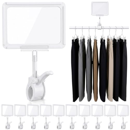 Maitys 12 Pack White Acrylic Clip on Sign Holder with Clamp Double Head Display Clips with PVC Card Protector A6 Rotating Sign Price Tag Clip on Display for Handrails Clothing Rack Booth