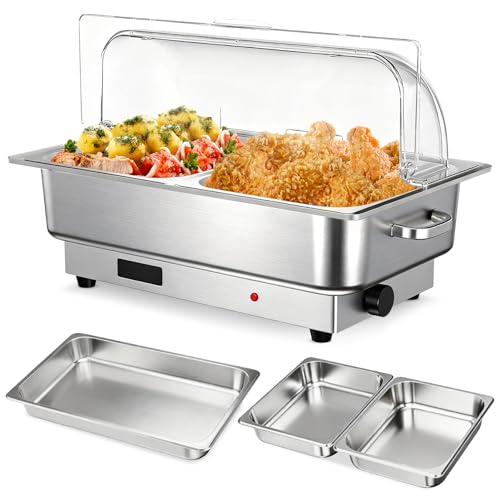 9 Qt Electric Chafing Dish Buffet Set, Stainless Steel Food Warmer with Roll Top Clear Lid, Adjustable Temperature Control, 1x1/1 and 2x2/1Size Pans, Commercial Buffet Server for Parties & Events - size: 1x1/1 and 2x2/1 Size Pan
