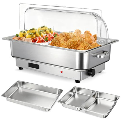 9 Qt Electric Chafing Dish Buffet Set, Stainless Steel Food Warmer with Roll Top Clear Lid, Adjustable Temperature Control, 1x1/1 and 2x2/1Size Pans, Commercial Buffet Server for Parties & Events - size: 1x1/1 and 2x2/1 Size Pan