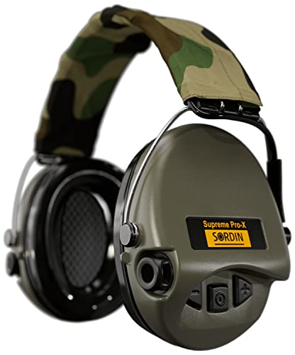 Sordin Pro-X Ear Muffs - Active and Electronic Ear Defenders w/Camo Headband - Gel Pads - Earmuffs for Hunting & Shooting - color: Olive
