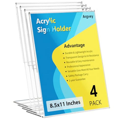 Acrylic Sign Holder 8.5 x 11, Clear L-Shape Tabletop Display Stand, 4 Pack