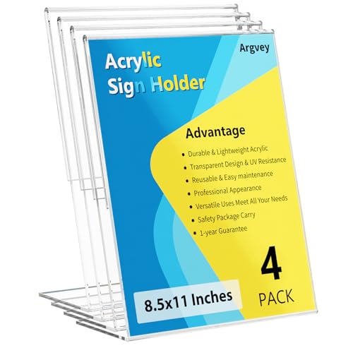 Acrylic Sign Holder 8.5 x 11, Clear L-Shape Tabletop Display Stand, 4 Pack
