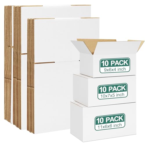Eupako 30 Pack Small Shipping Boxes Assorted Sizes, White Corrugated Box Mailers, 9x6x4 & 10x7x5 & 11x6x6 10 PCS Each Small Boxes, Cardboard Boxes for Packaging Small Business, Mailing - color: White, size: 9x6x4 & 10x7x5 & 11x6x6 Inches
