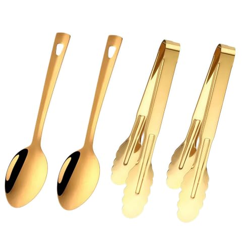 4 Pack Gold Serving Tongs and Spoons for Buffet, Stainless Steel Utensil Salad Tongs Serving Large Spoons for Banquet Catering,9 Inch