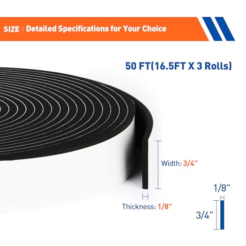 MAGZO 3/4in Wide X 1/8in Thick Foam Tape for Door Sealer - size: 3/4in * 1/8in * 50FT