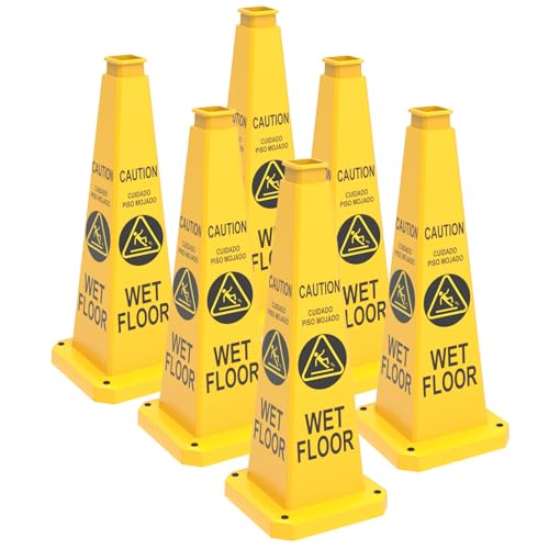 “CAUTION WET” Floor Warning Sign Cones 36 inch with Heavy Rubber Weighted Base, 4-Sided Non-Slip Warning Safety Cone for Restaurants, Stores, Schools, Hotels(6 Pack) - color: CAUTION WET/YELLOW, size: 36 inch