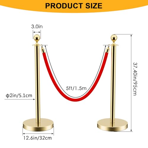 LOVMOR 12Pcs Gold Stanchion Posts Queue with 8pcs Red Velvet Rope, Crowd Control Barriers Queue Line Rope, Crowd Control Stanchion for Party Supplies - color: Gold-12pack