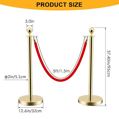 LOVMOR 6PCS Gold Stanchion Posts Queue, 38 Inch Red Velvet Rope, 5 FT Red Carpet Ropes and Poles, Crowd Control Barriers Queue Line Rope, Barriers for Party Supplies - color: Gold-6pack