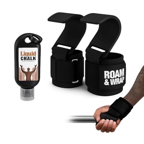 Roam & Wrap -Premium Weight Lifting Hooks for Deadlifts, Pull-Ups & Shrugs – Thick Neoprene Padding, Non-Slip Grip, Heavy Duty Wrist Support + Free 50ml Liquid Chalk - color: Black