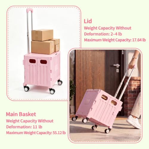 Foldable Shopping Cart with Wheels: Pink Rolling Utility Crate - color: Pink