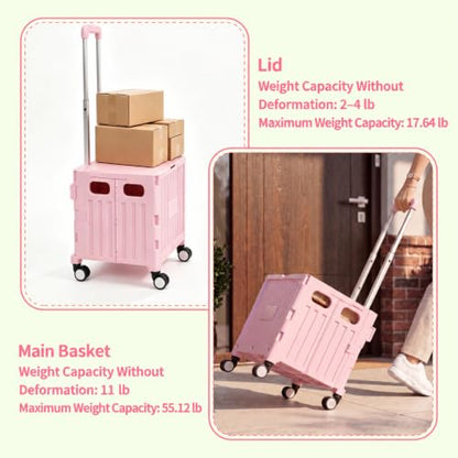 Foldable Shopping Cart with Wheels: Pink Rolling Utility Crate - color: Pink