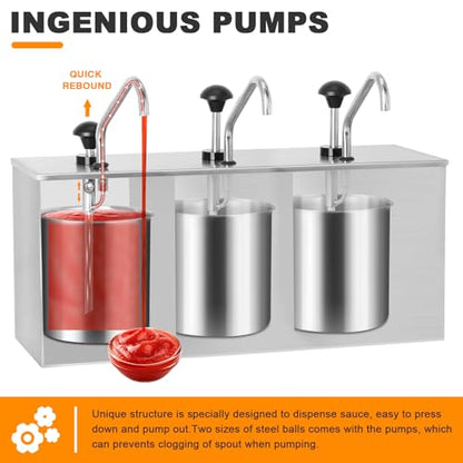 Condiment Pump Station Stainless Sauce Pump Dispenser 11Quart Ketchup Dispenser Pumps - size: 3.7Quart*3