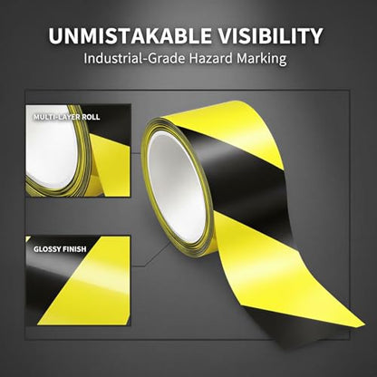 4 Rolls Heavy Duty Safety Tape, 2" x 328.1 ft, Yellow Black Stripes, Strong Adhesive Floor Tape for Industrial Warehouse & Construction, Comes with Scissors