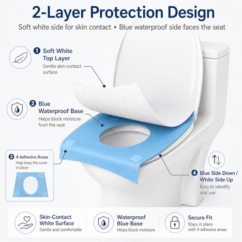 50 Count Disposable Toilet Seat Covers with Secure Adhesive Tabs for a Non-Slip Fit - XL Extra Large, Waterproof, Individually Wrapped for Travel, Kids, Adults, and Public Restrooms