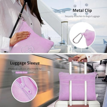 Travel Blanket Pillow,Airplane Blanket Compact with Bag Eye Mask, Ultra-Soft,Warm & Lightweight Included,Travel Essentials for Women & Men, Luggage Sleeve & Backpack Clip 65x40 in,Purple - color: Purple