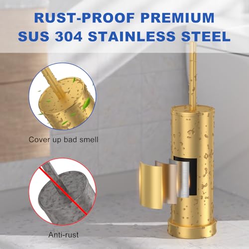 Toilet Brush and Holder Set: 304 Stainless Steel Brushed Gold Toilet Bowl Brush and Holder with Removable Inner Bowl and Splash Protection, Heavy Duty Long Handle Bathroom Cleaning Tool - color: Warm Gold