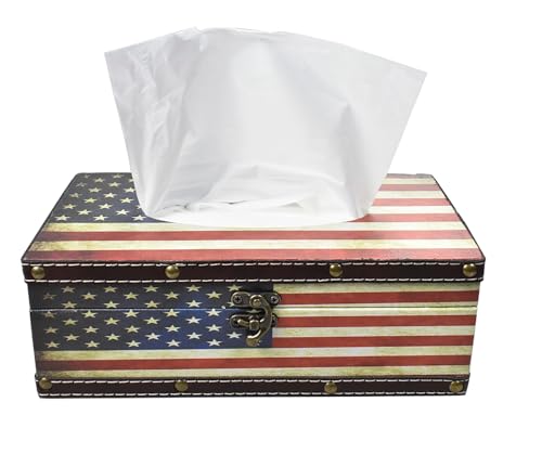 Wood Tissue Box Cover with PU Leather & Vintage Pattern - Rectangle Decorative Tissue Holder for Home, Car, Office, Bathroom, Desk - Fits Standard Medium Tissues with Lid (US Flag Style) - color: Us Flag Style