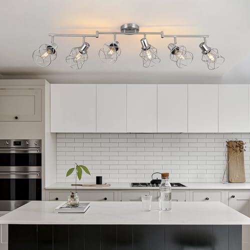 WILON Track Lighting Fixtures, 6-Light Brushed Nickel Flush Mount Track Light Ceiling, 6 Way Spot Light Kitchen Light Fixtures Directional Ceiling Spotlight for Kitchen Hallway Living Room - color: Brushed Nickel, size: 6-Light-Cage