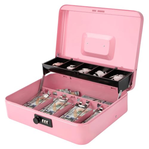 Jssmst Metal Cash Box with Money Tray and Lock, Portable Cash Drawer, 11.8" - color: Pink Code-A