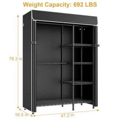 ULIFHOME F2C Clothes Rack with Cover, 47.2"W x 16.5"D x 78.3"H, Load 692lbs - color: Black Closet with Black Cover