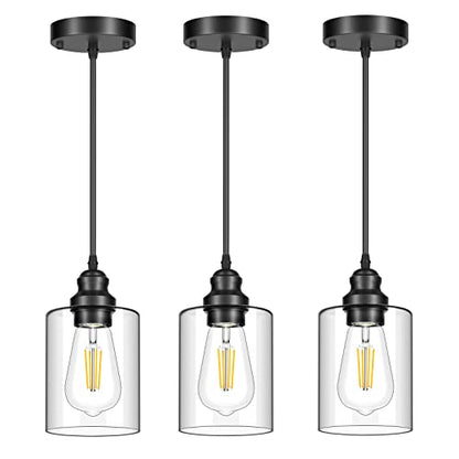 Licperron 3 Pack Hanging Pendant Lighting Fixtures, Adjustable Black Hanging Ceiling Lamp with Clear Glass Shade, Modern Pendant Light for Kitchen Island, Dining Room, Bedroom, Hallway - size: 3-Pack