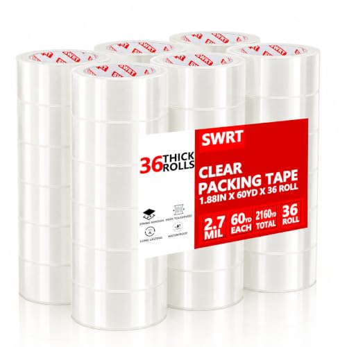 SWRT 2.7Mil Thick Ultra Clear Packing Tape, 36 Rolls Heavy Duty Packaging Tape for Shipping Packaging Moving Mailing, Thicker Sealing Tape-1.88" x 60 Yards Per Roll, 2160 Total Yards