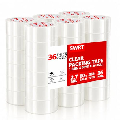 SWRT 2.7Mil Thick Ultra Clear Packing Tape, 36 Rolls Heavy Duty Packaging Tape for Shipping Packaging Moving Mailing, Thicker Sealing Tape-1.88" x 60 Yards Per Roll, 2160 Total Yards