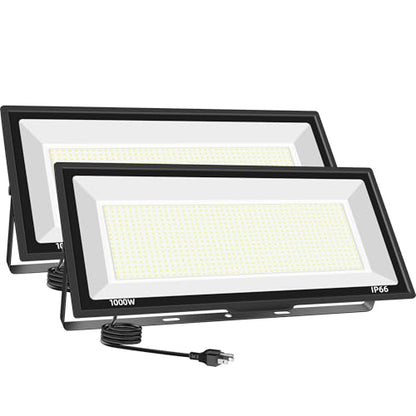2 Pack 1000W LED Flood Light Outdoor,95000LM 6500K Daylight White Exterior Security FloodLight with Plug, IP66 Waterproof Commercial Lighting for Sports Fields,Parking Lots,Courts,Arena,Stadium - size: 1000w-2pack