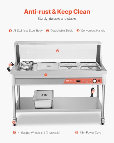 VEVOR Commercial Food Warmer, 5 Pans + 2 Pots Electric Steam Table, 1800W Professional Buffet Catering Food Warmer with Shield Undershelf Wheels, Stainless Steel Server for Party Restaurant Hotel - size: 5 Pans + 2 Pots