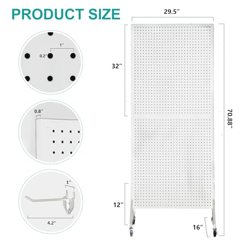 Eastern Tree 2.5'x 6' Metal Pegboard Display Stand with T-Base, Peg Board Panels Display with Casters, Standing Pegboard Display, Retail Display Stand, Extra 10 Pieces Hooks, White - size: 1-Pack White