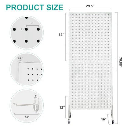 Eastern Tree 2.5'x 6' Metal Pegboard Display Stand with T-Base, Peg Board Panels Display with Casters, Standing Pegboard Display, Retail Display Stand, Extra 10 Pieces Hooks, White - size: 1-Pack White