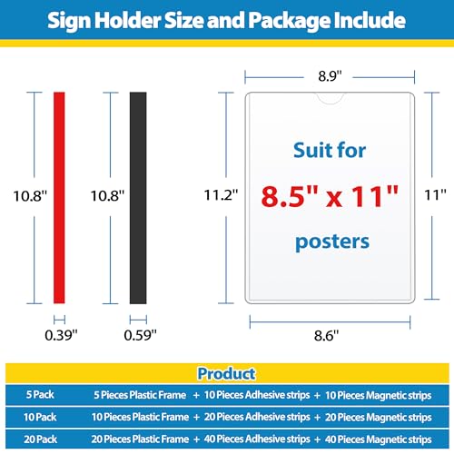 20 Pack Wall Sign Holder 8.5x11 Magnetic Plastic Sign Holder with Magnetic and Adhesive Tapes, Adhesive Clear Display Sign Frame for Fridge, Metal, Wall, Door, Document Protectors Holders - size: 8.5"x11"-20Pack