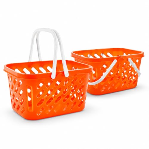NUOBESTY Pretend Play Toy Shopping Basket 2 Pack - Orange Plastic Grocery Baskets with Handles for Toddlers, Mini Market Kitchen Accessories & Play Food Storage