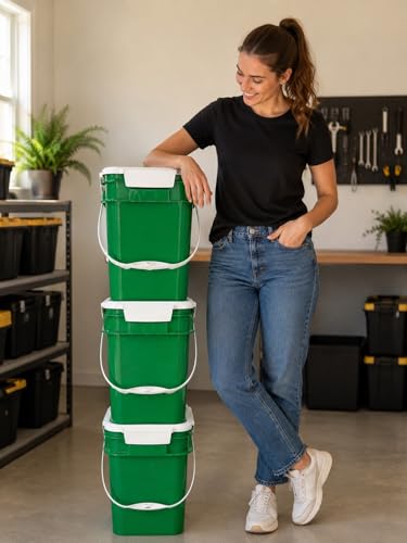 House Naturals 4 Gallon Square Food Grade Bucket Pail with Plastic Handles and Lid (Pack of 3) Made in USA containers (Green - White lids) - color: Green - White Lids