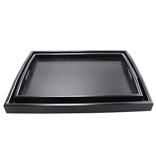 DILLMAN Serving Tray Large Black Wood Rectangle Food Tray Butler Tray Breakfast Tray with Handles (Large+Small) - size: 18" x 14" x 1.8"