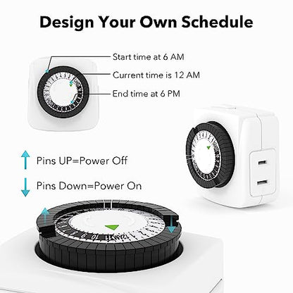 BN-LINK Indoor Timers Plug Mechanical 2 Prong 24-Hour Mini Lamp Timers 2 Pack, for Electrical Outlets, Fish Tank, Fans, LED Lights - size: 2-Prong, 2-Pack, 1 Outlet, Mini