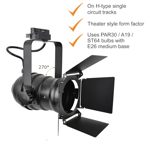 TRK9000 Industrial Track Light Head with Barn Door Flippers, Theater Studio Track Lighting for Showroom or Home, E26 Base PAR30 A19 ST64 Bulbs, Halo H‑Track Compatible, Black Metal