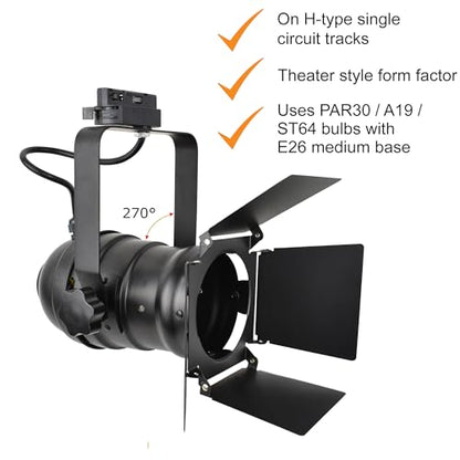 TRK9000 Industrial Track Light Head with Barn Door Flippers, Theater Studio Track Lighting for Showroom or Home, E26 Base PAR30 A19 ST64 Bulbs, Halo H‑Track Compatible, Black Metal