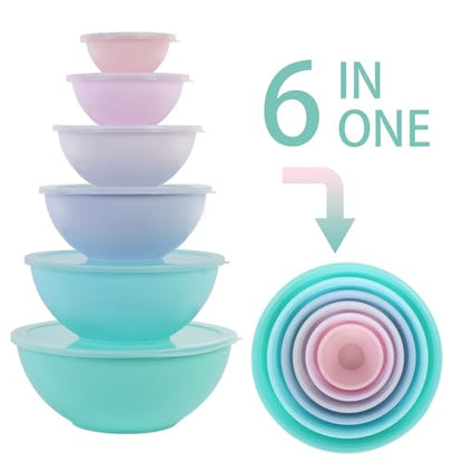 BoxedHome BPA Free Plastic Round Mixing Bowl with Lids, 12 Pack Nesting Bowls with Lids Set, Microwave and Dishwasher Safe Prep & Serving Bowls Great for Mixing, Baking, Serving (pinkish green, 12pcs) - color: Pinkish Green