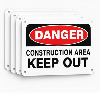 Danger Construction Area Keep Out Sign, 14x10 Aluminum, 4 Pack