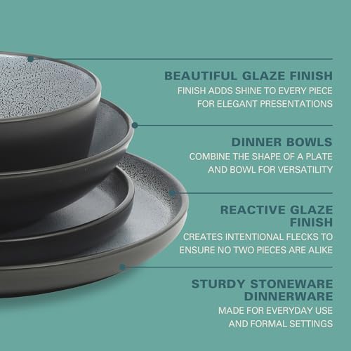 Gibson Elite Tribeca Loft 16-Piece Dinnerware Set – Matte Black and Blue Reactive Glaze Stoneware, Double Bowl Round Plates and Bowls – Modern Rustic Dinnerware for 4, Dishwasher & Microwave Safe - color: Matte Black & Blue (Tribeca Loft)