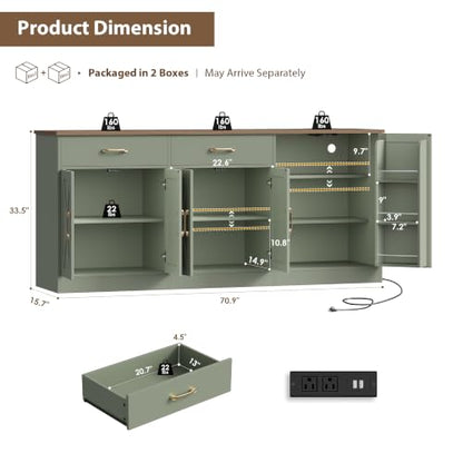 HOSTACK 71" W Kitchen Buffet Cabinet with Storage, Large Coffee Bar Cabinet - color: Sage Green