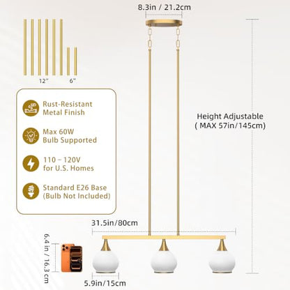 Phaosio Brushed Gold Kitchen Island Linear Pendant Light, 3-Light - color: Gold (White Glass Shades), size: 3-Light