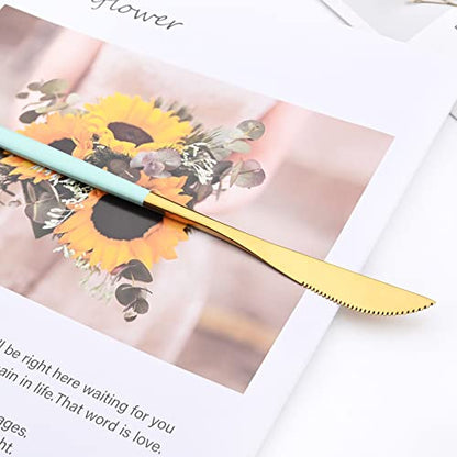Mirror Cutlery Serving Set, 24-piece 18/0 Stainless Steel Silverware With Mint Green Handle Simple & Modern Tableware For Home Party Dinner, Service For 6 (Mint Green Gold) - color: Mint green gold