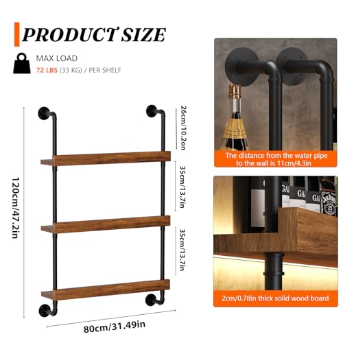 Large Wine Rack Wall Mounted with LED Light, Solid Wood Bar Shelves Wall Mounted, 3-Tiers Liquor Bottles Floating Shelves Display Storage Organizer for Home Bar, Dining Room(31.4 inch) - size: 31.4 inch