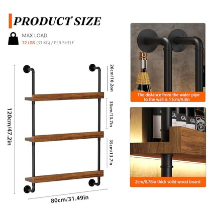 Large Wine Rack Wall Mounted with LED Light, Solid Wood Bar Shelves Wall Mounted, 3-Tiers Liquor Bottles Floating Shelves Display Storage Organizer for Home Bar, Dining Room(31.4 inch) - size: 31.4 inch