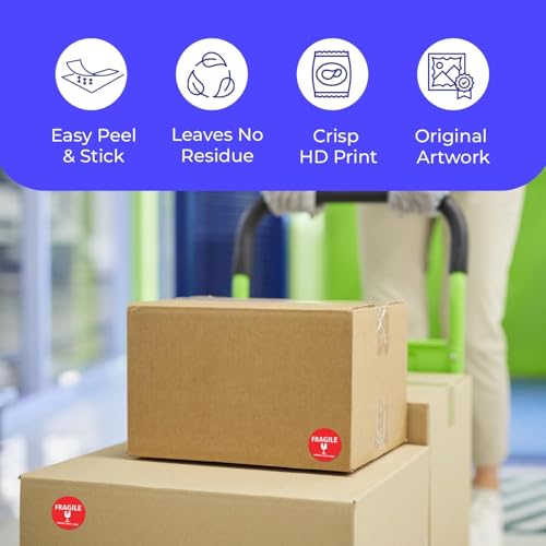 StickerJet Fragile Stickers Roll – (500pcs, 4x4) High-Visibility Handle with Care Labels, Strong Adhesive Paper Decals for Shipping, Packaging, and Protection – Made in USA - size: 4x4 Inch, style: 500 Stickers - Roll
