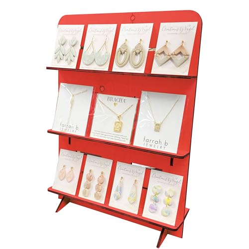 TORCHED DISPLAYS Jewelry Holder Necklace Organizer | Earring Display Stands for Selling | 3-Tiered Wooden Jewelry Holder Stand for Shops, Boutiques, Festivals | Display Rack Wood Stand | Red - color: Red